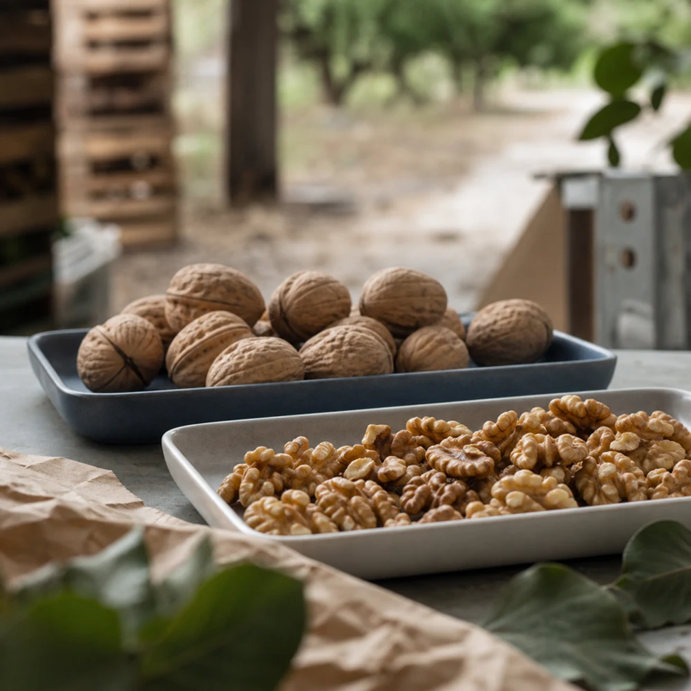 Whole walnuts and kernels arranged for sample inspection.
