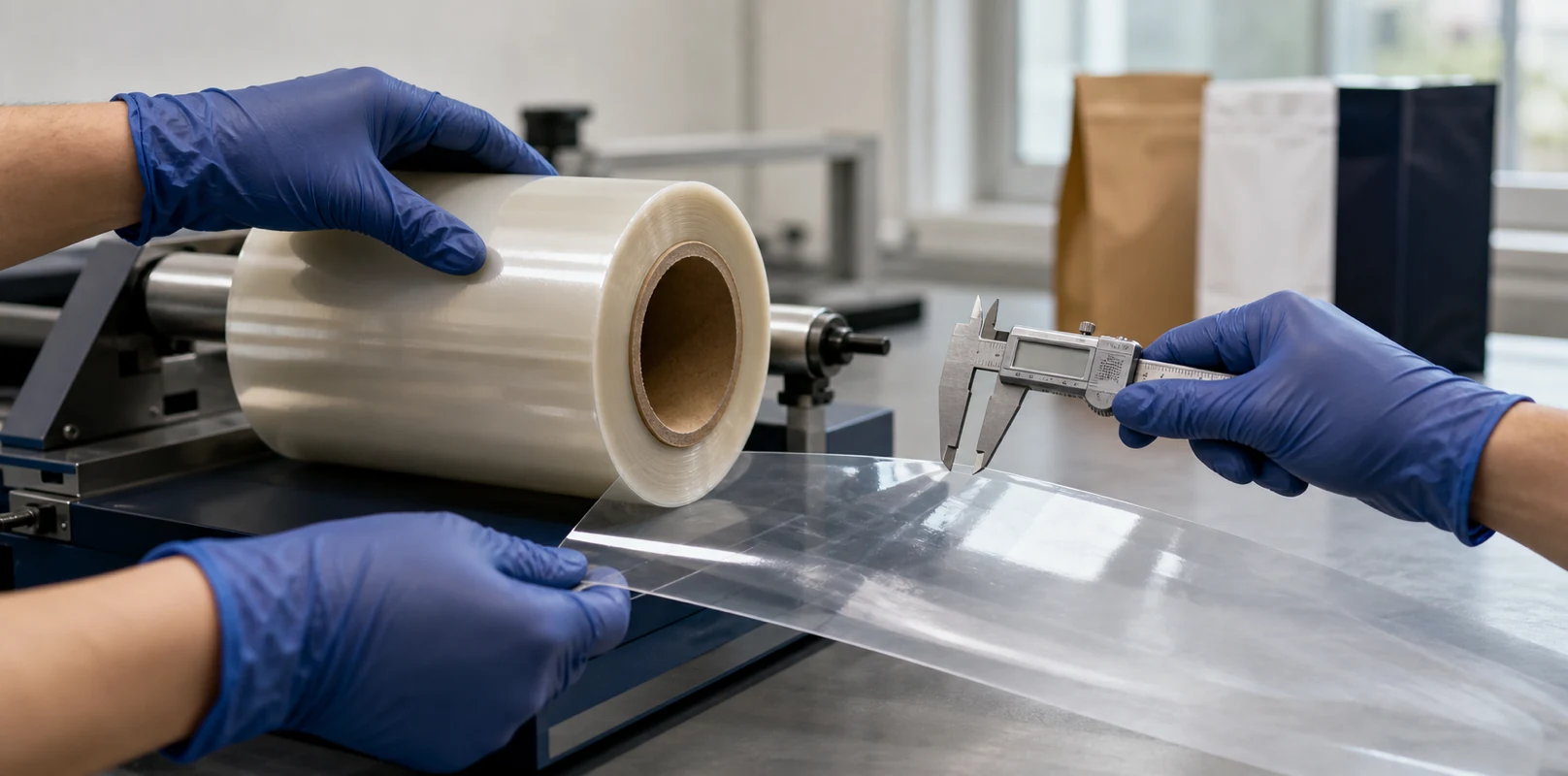 Flexible film and carton samples being checked.
