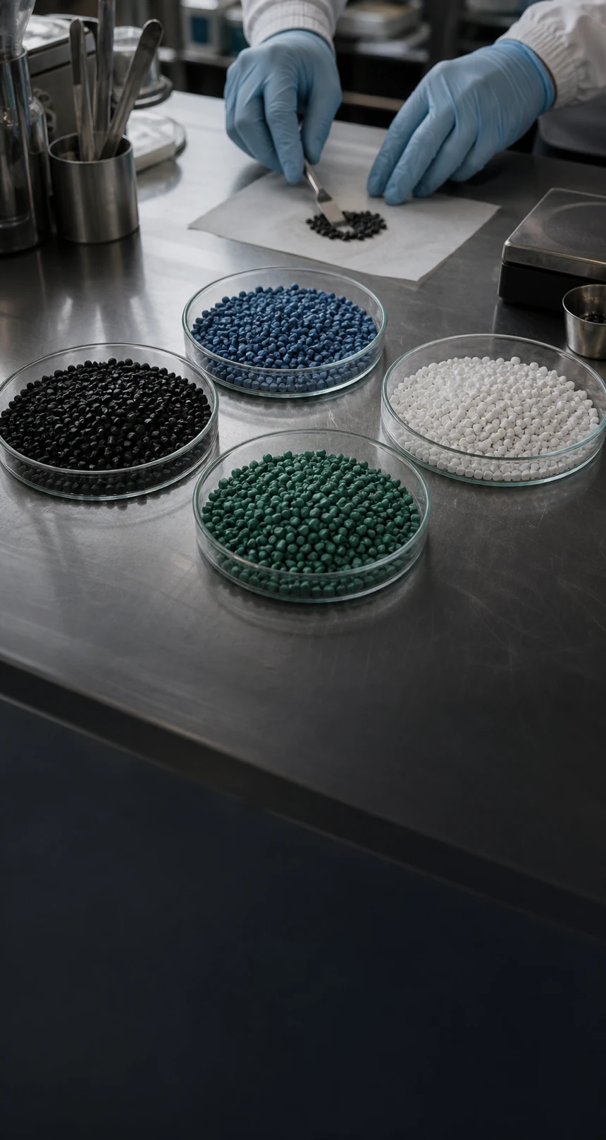 PE masterbatch samples prepared in a clean materials setting.