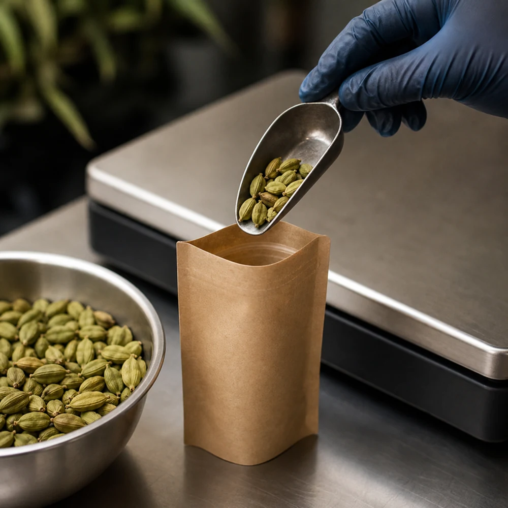 Green cardamom samples arranged for an enquiry brief.