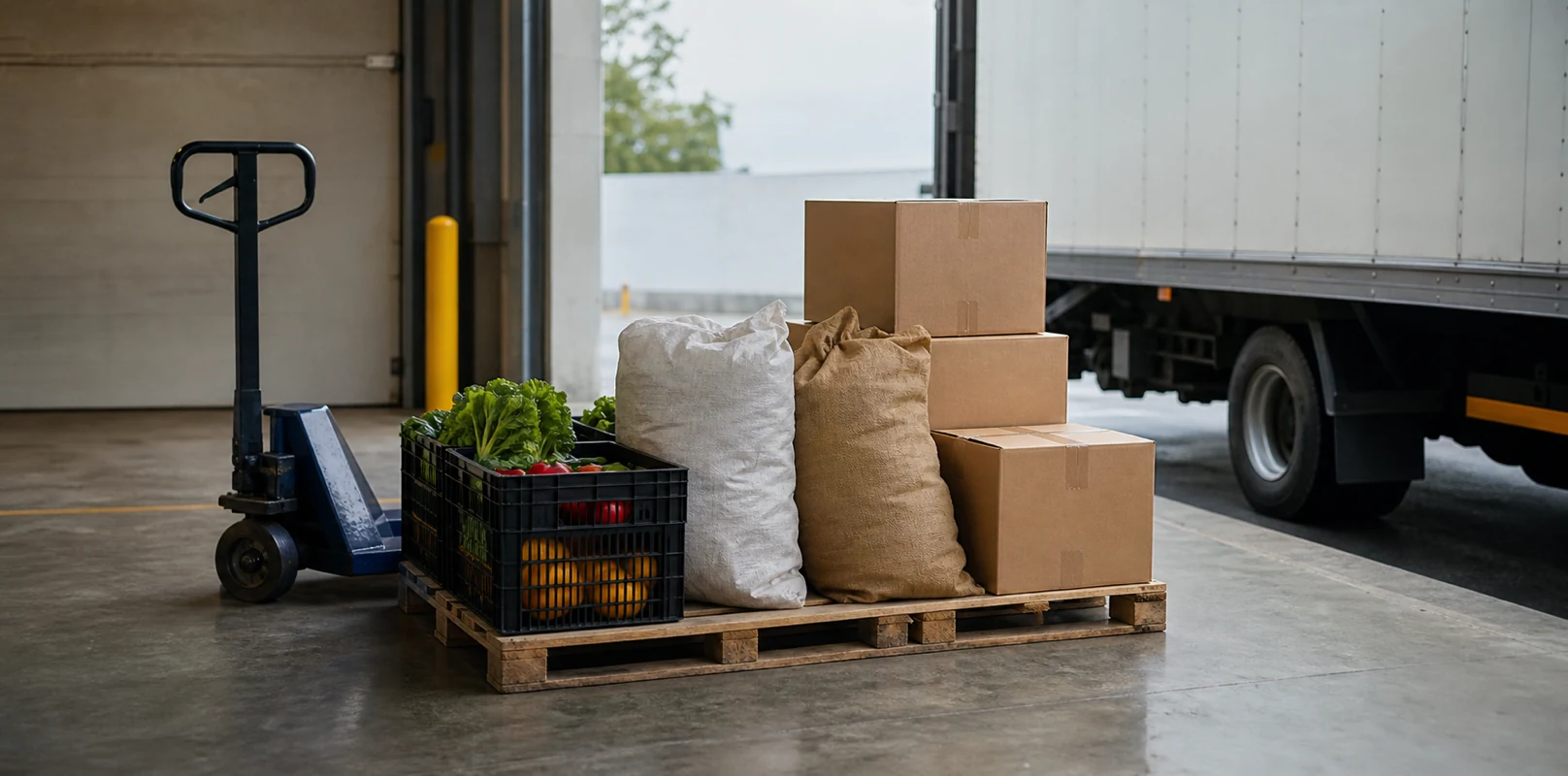 Generated concept of mixed product and material samples at a modest cargo handoff.