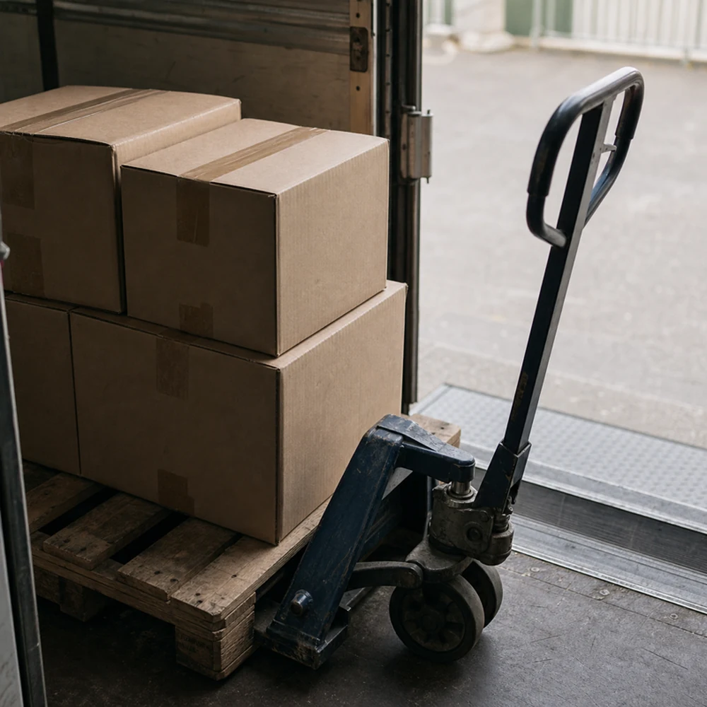 Close dispatch detail with plain cartons and an open cargo door.