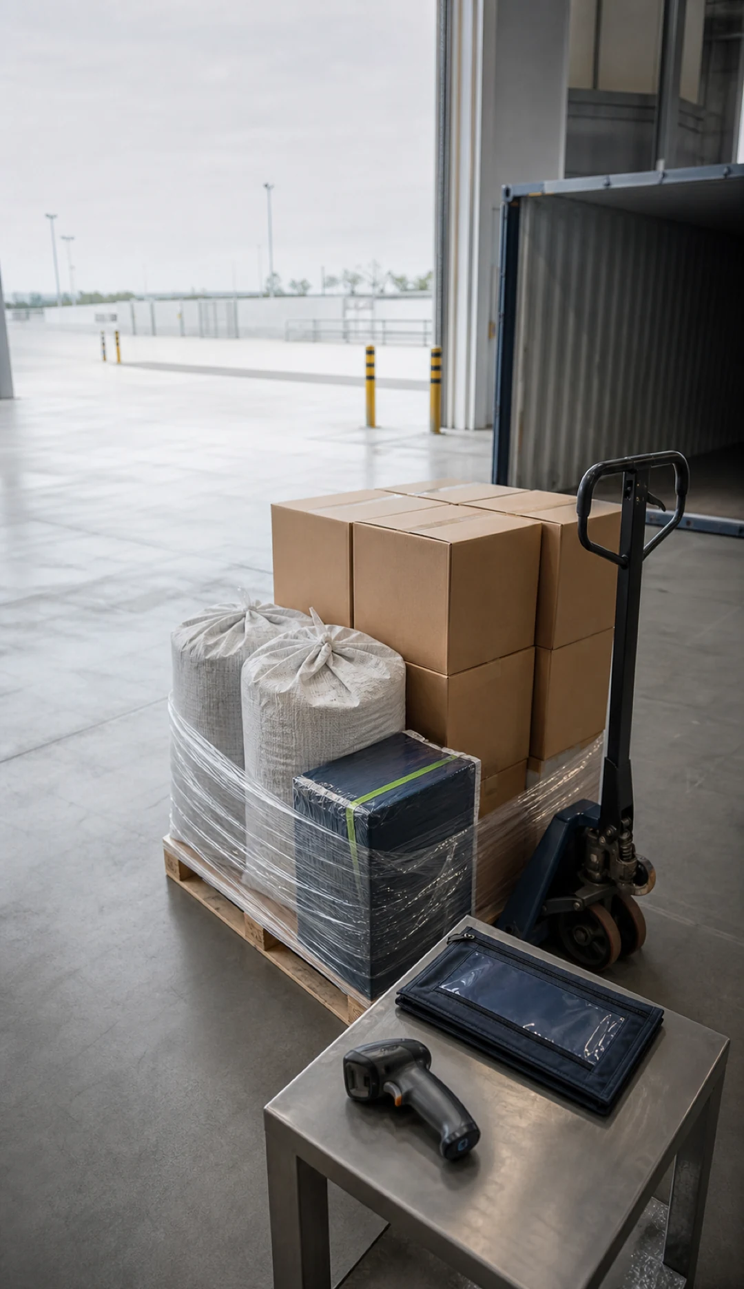 Cargo, pallets, and trade documentation in a generic logistics setting.