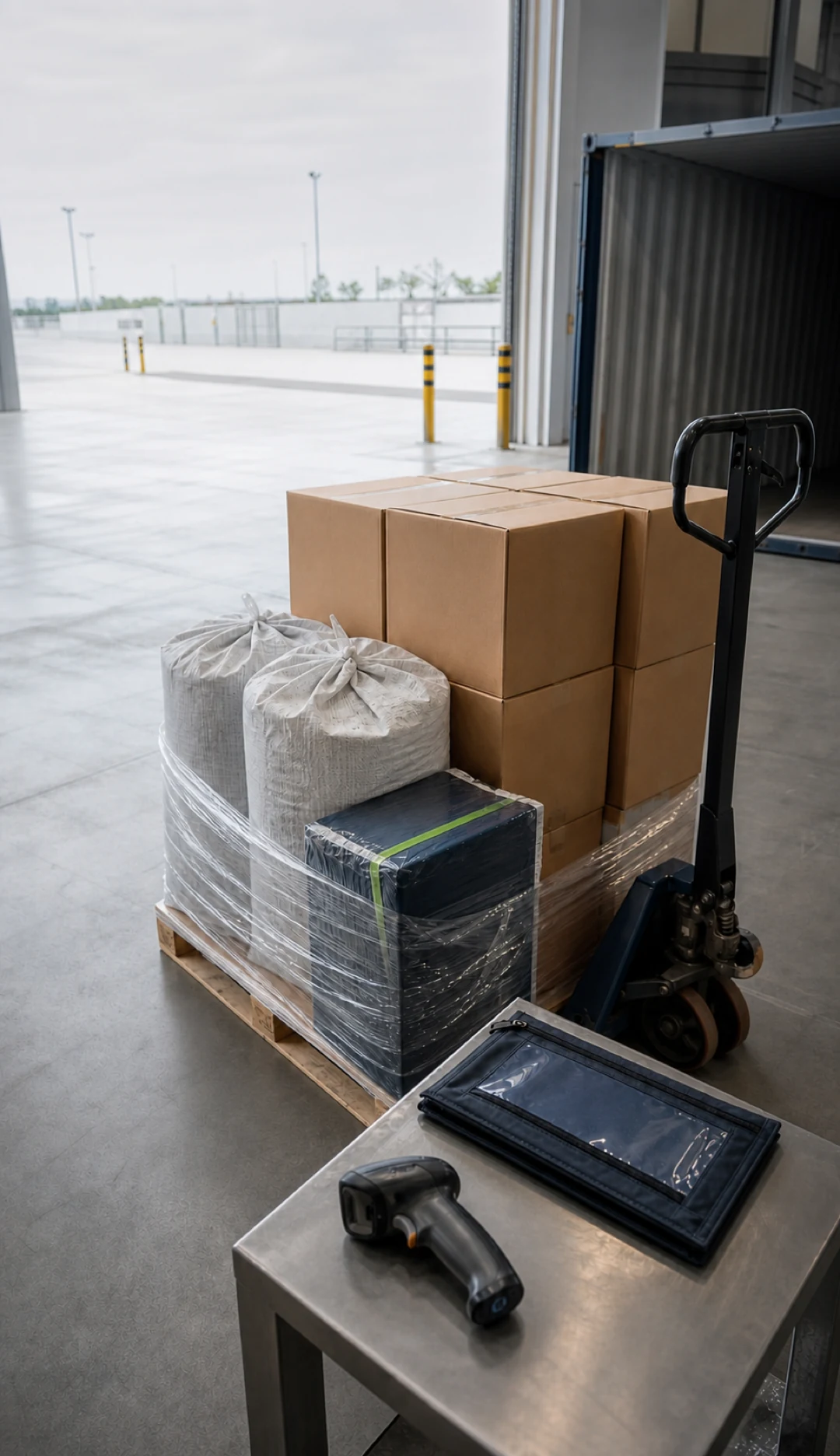 Generic logistics documentation and pallet handoff scene.