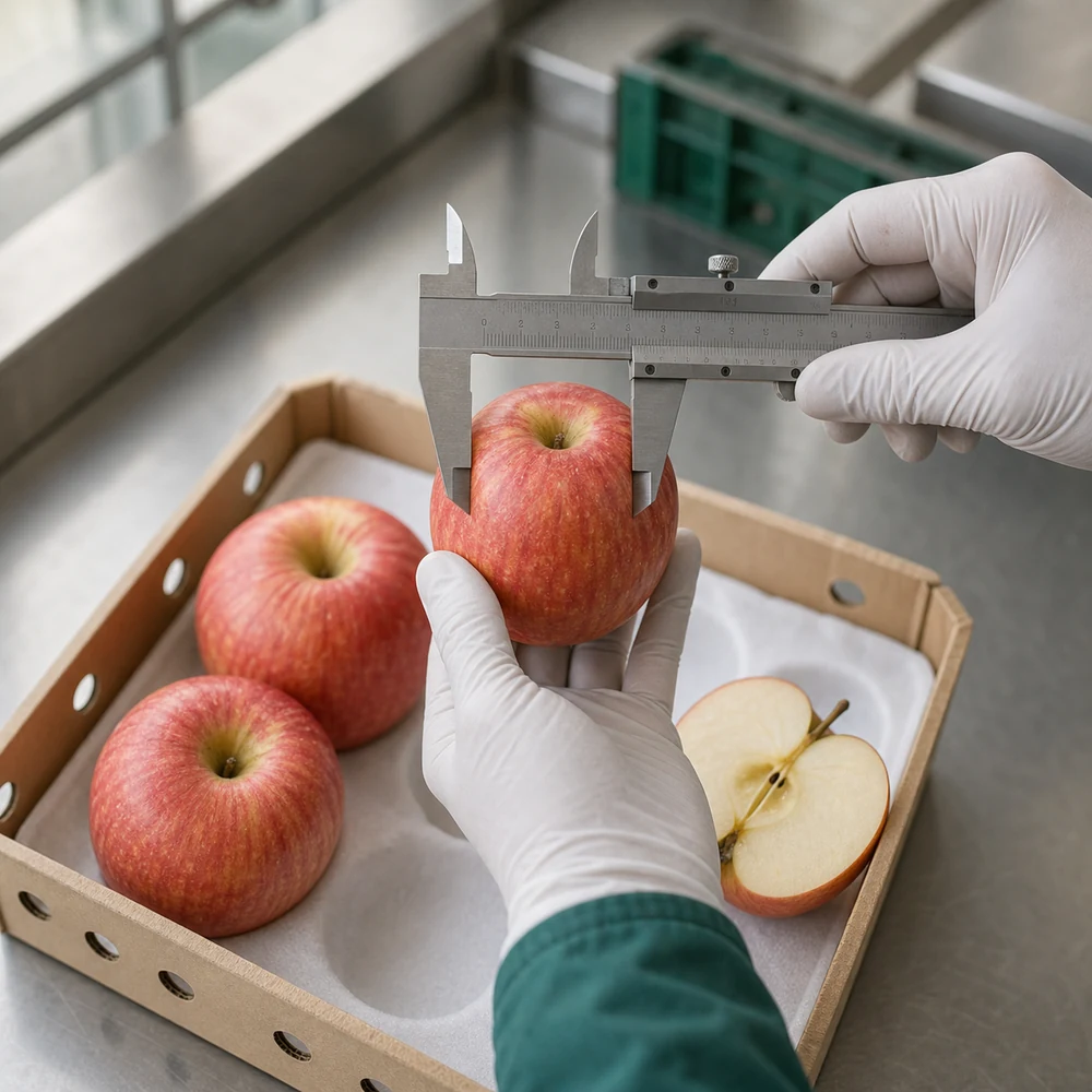 Fuji-style apple samples being checked with a caliper.