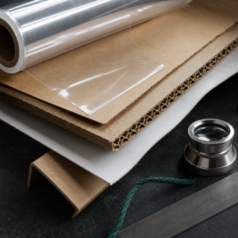 Flexible film, carton board, and packaging material samples.