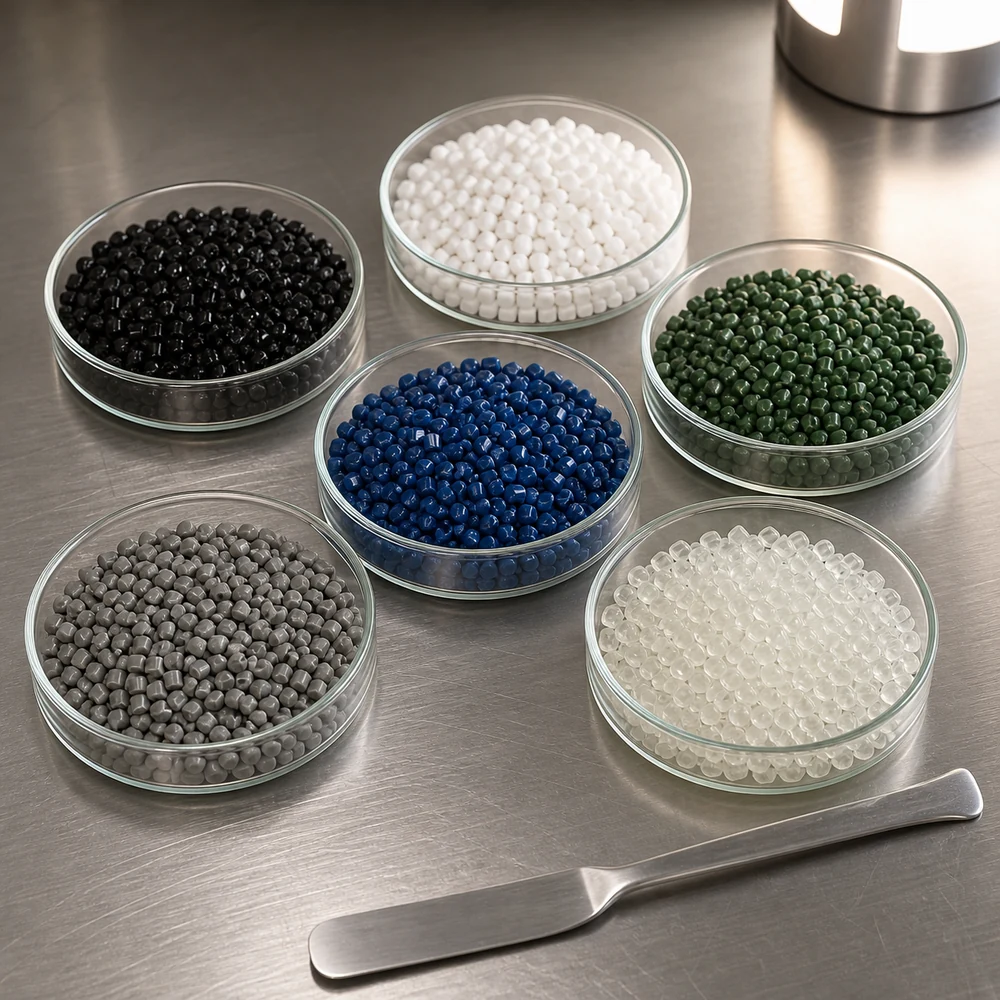 PE masterbatch samples in unlabelled laboratory dishes.
