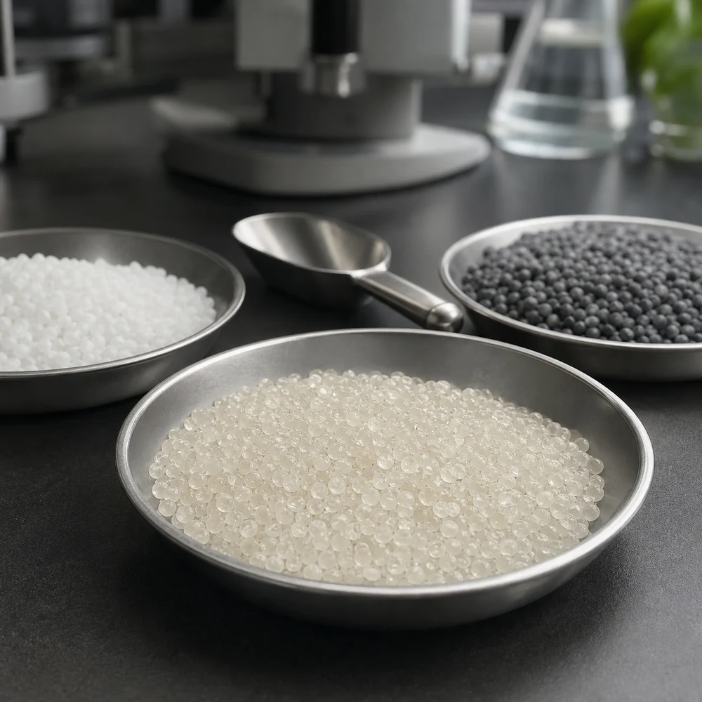 Plastic polymer granule samples in inspection trays.