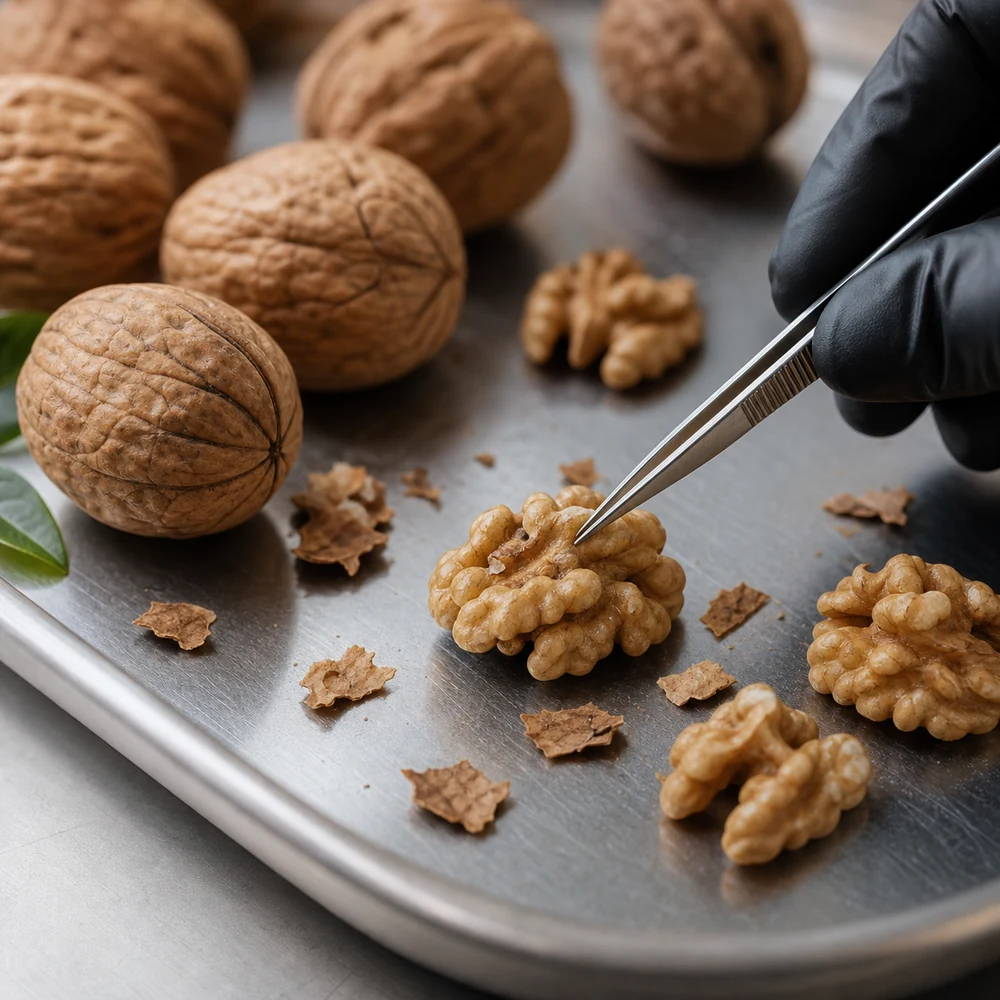 Whole walnuts and kernels arranged for sample inspection.