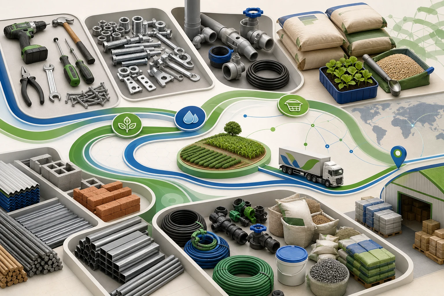 Hardware and agri inputs organized for building and farming supply