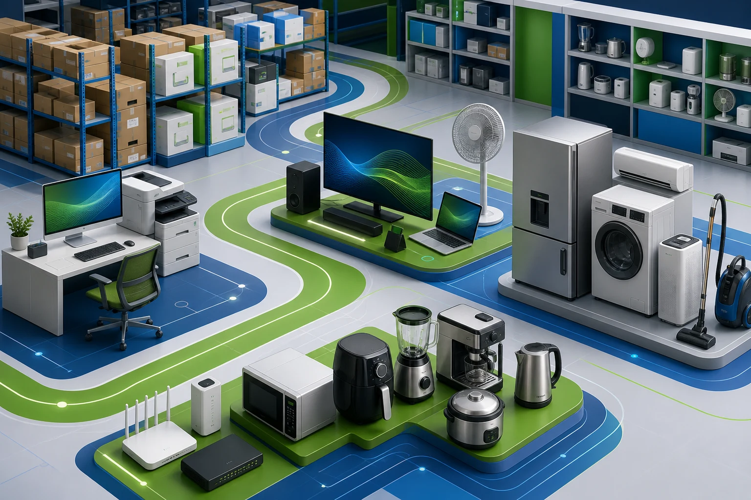Electronics and appliances organized for home and office supply channels